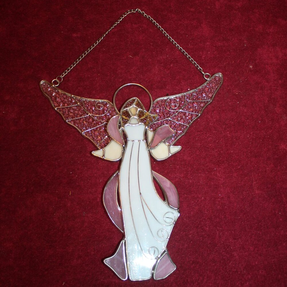 Vintage Stained Glass Angel, Metal/white/yelllow/pink
